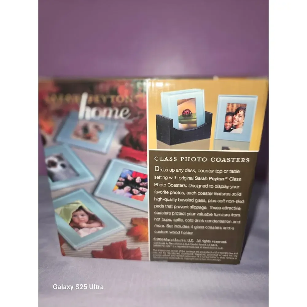 Glass photo coasters with wood holder Sarah Peyton Home set of 4